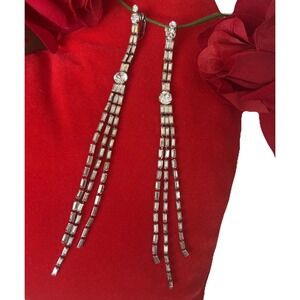 Vintage Clip On Earrings Baguette Clear Rhinestones Tassel Drop Silver Tone Gift